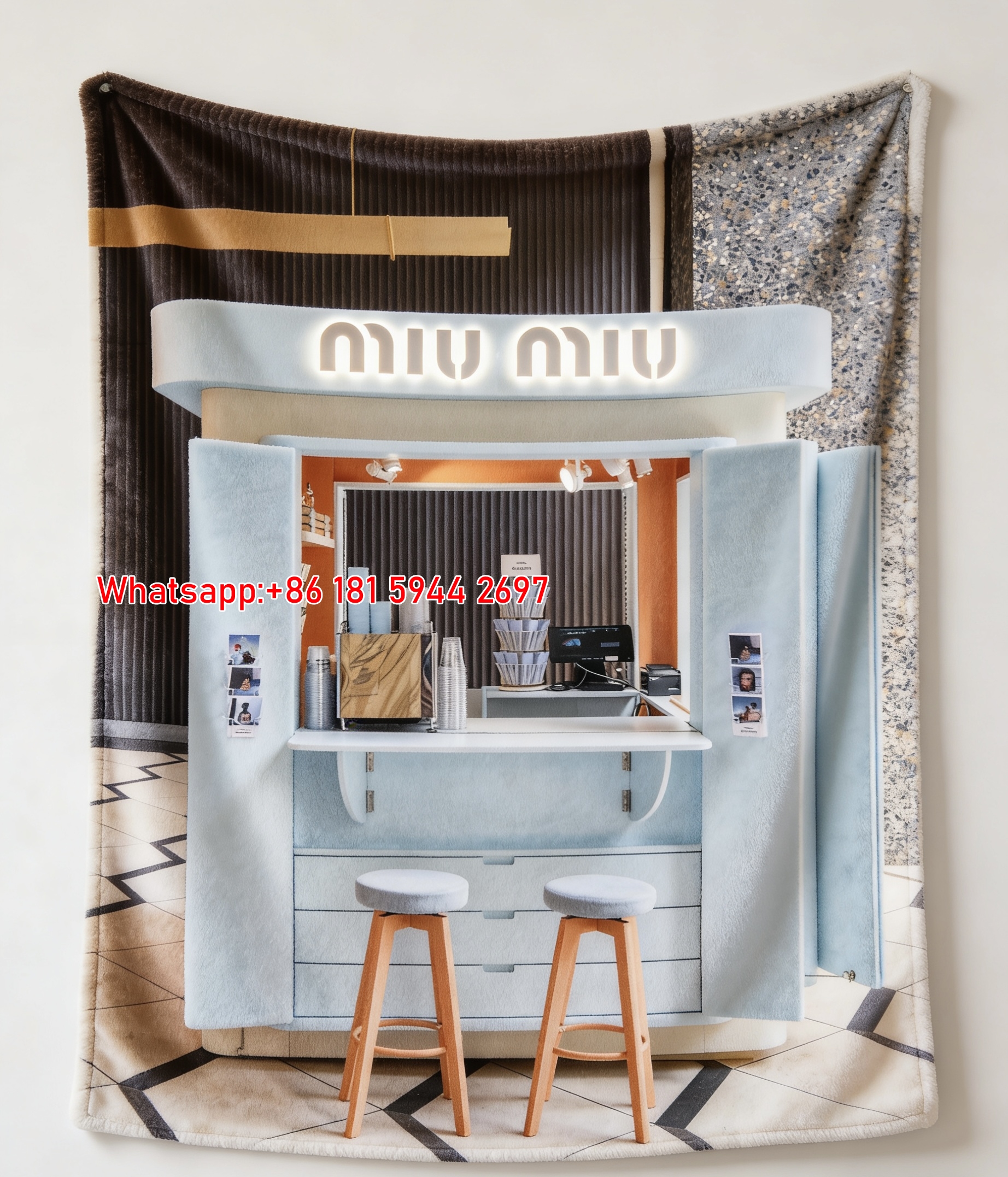 Miu Miu Light Blue & Orange Coffee Kiosk Print Flannel Sofa Throw Blanket IMG_0530